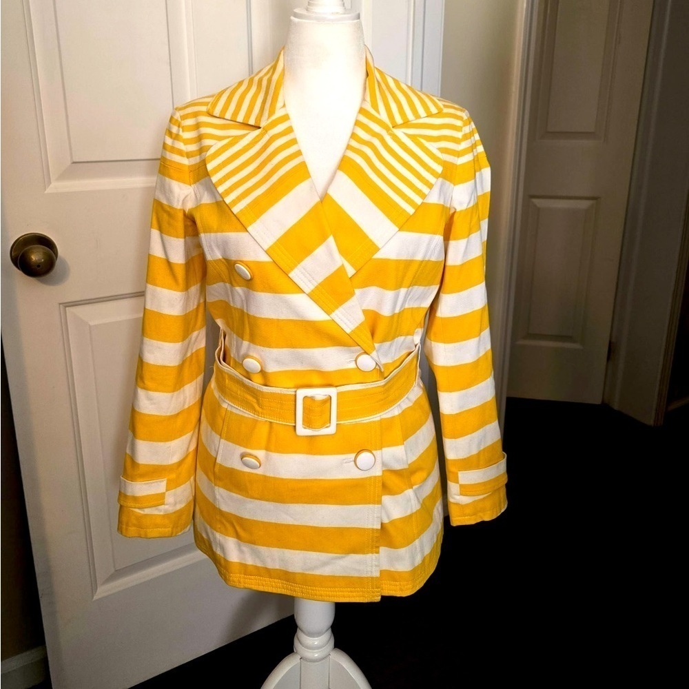 Jones New York SMALL Trench Coat Jacket Yellow White Stripes Belted Stretch